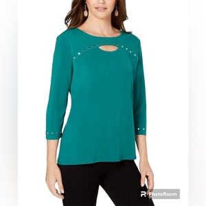 JM Collection Womens Studded Pullover Blouse, Green, 3/4 sleeve Size Medium
